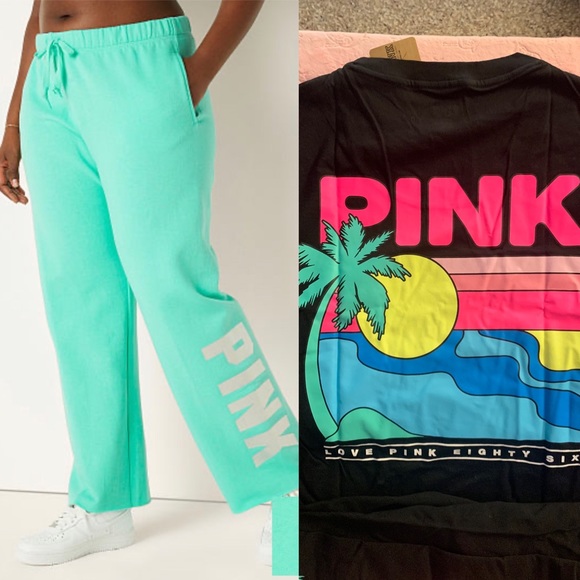 Victoria’s Secret PINK SET Teal Ice Heritage Sweatpants & Tropical Campus Tee - Picture 2 of 16